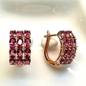 EG12  6.8CT Natural Bohemian Garnet 3 Layer Hoops Earrings 18K Rose Gold S925
